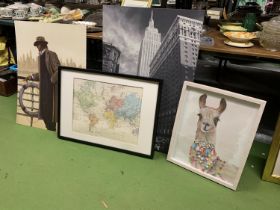 FOUR LARGE PRINTS TO INCLUDE NEW YORK STREET SCENE, A MAP, LLAMA, ETC