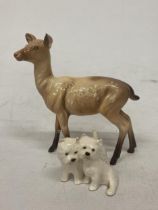A PAIR OF BESWICK SITTING WEST HIGHLAND TERRIERS TOGETHER WITH A BESWICK DEER FIGURE (A/F)