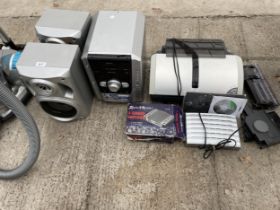 AN ASSORTMENT OF ITEMS TO INCLUDE A PANASONIC STEREO SYSTEM WITH TWO SPEAKERS ETC