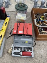 AN ASSORTMENT OF TOOLS TO INCLUDE A BATTERY CHARGER, HARDWARE AND A SCREWDRIVER SET ETC