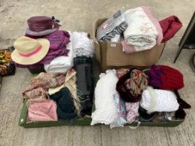 AN ASSORTMENT OF ITEMS TO INCLUDE HATS, BLANKETS AND BAGS ETC
