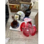AN ASSORTMENT OF VARIOUS ITEMS TO INCLUDE CERAMIC PLATES, A GLASS DECANTOR AND PRINTS ETC