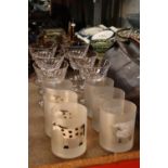 SIX GLASS SUNDAE DISHES TOGETHER WITH SIX DRINKING GLASSES ETCHED WITH ANIMALS