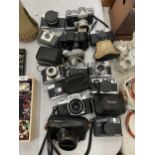 A COLLECTION OF VINTAGE CAMERAS TO INCLUDE NIKKOREX, RICOH, KONICA, COMET, VIVITAR, OLYMPUS, ETC -