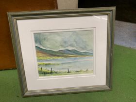 A FRAMED WATERCOLOUR 'MOUNTAINS OVER LOCH GILL' BY SYZA LARKIN