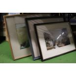 THREE SIGNED WATERCOLOURS OF COATAL AND MOUNTAIN SCENES, PLUS AN ALAN FIRTH PRINT OF A BARGING SCENE