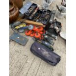 A LARGE ASSORTMENT OF TOOLS TO INCLUDE FOUR ANGLE GRINDERS, DRILL BITS AND SPANNERS ETC