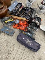 A LARGE ASSORTMENT OF TOOLS TO INCLUDE FOUR ANGLE GRINDERS, DRILL BITS AND SPANNERS ETC