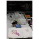 A MIXED LOT TO INCLUDE GLASSWARE, LINEN TABLECLOTH, CLOCK, FIGURE, ETC.,