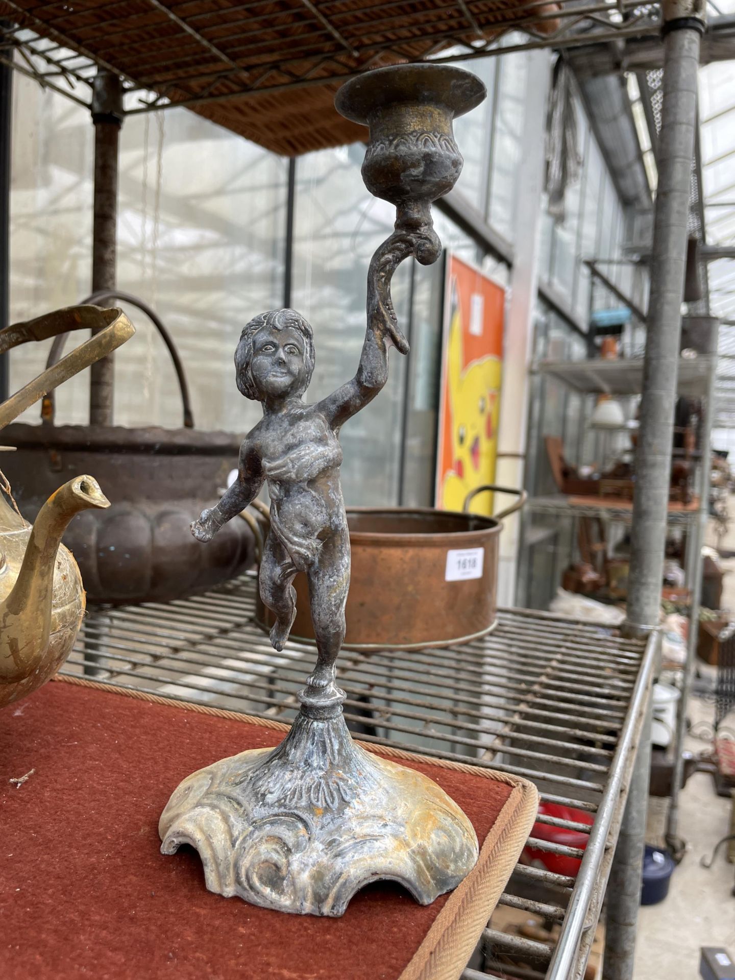 THREE SMALL BRASS AND COPPER KETTLES AND A BRASS CHERUB CANDLE STICK - Image 3 of 3