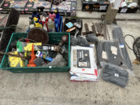 A LARGE ASSORTMENT OF ITEMS TO INCLUDE DRILL BITS, GATE HINGES, WAXES AND OVERALLS ETC