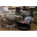A MIXED LOT TO INCLUDE MONEY BANKS, FLORAL AYNSLEY CUP AND SAUCER, TEAPOT, ETC.,