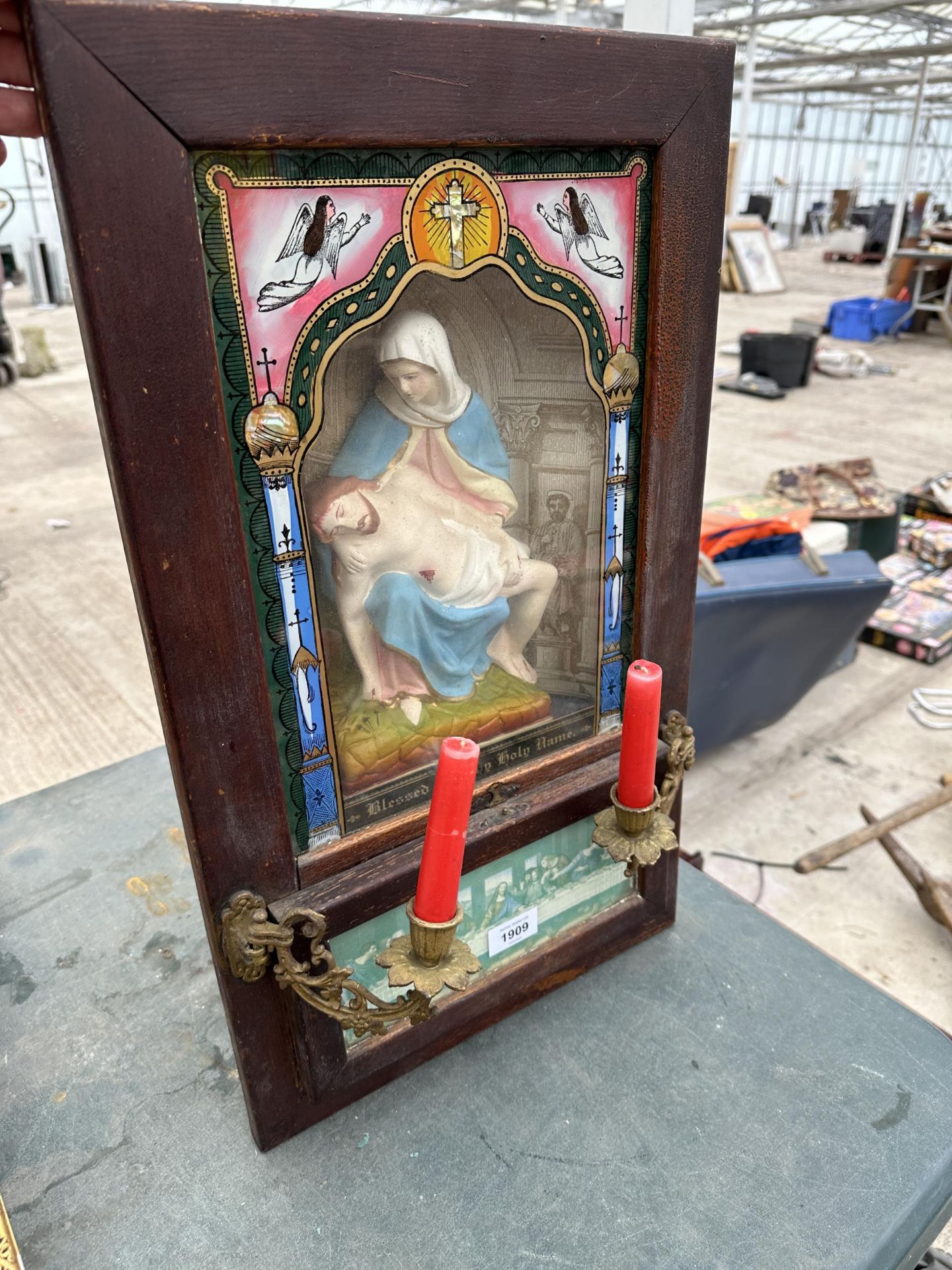 A PINE RELIGIOUS ICON PRAY CABINET WITH STEEL CANDLE HOLDERS - Image 2 of 4