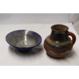 A BLUE AND PEARLESCENT STUDIO POTTERY STYLE BOWL TOGETHER WITH A STONEWARE JUG