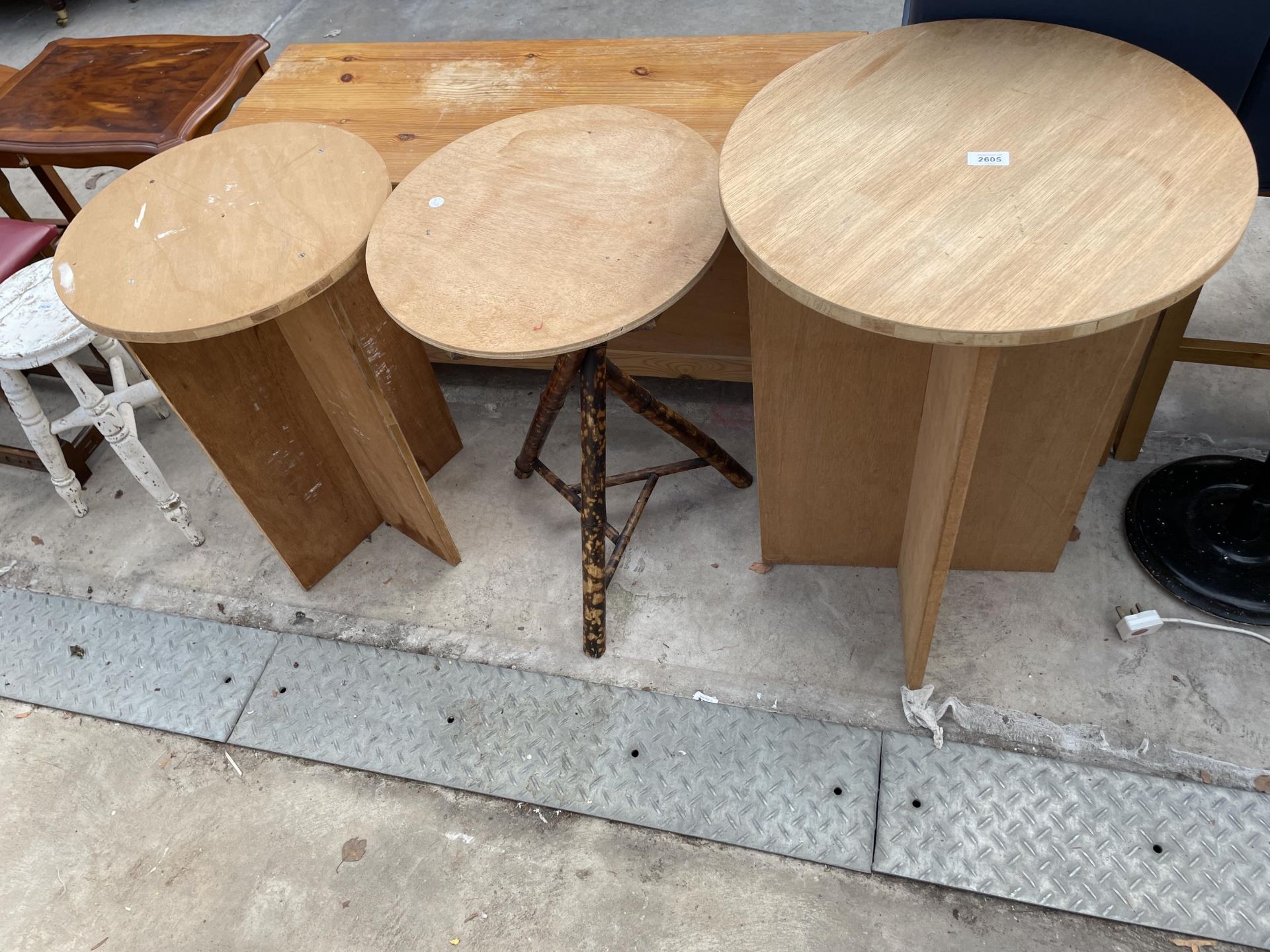 THREE VARIOUS CIRCULAR OCCASIONAL TABLES, ONE ON BAMBOO BASE