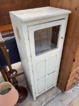 A PAINTED PINE CUPBOARD WITH PANELLED DOOR AND UPPER GLAZED DOOR, 18.5" WIDE