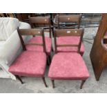 A SET OF FOUR VICTORIAN MAHOGANY DINING CHAIRS WITH TURNED KICK OUT FRONT LEGS