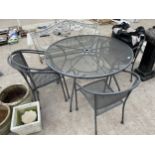 A METAL PATIO FURNITURE SET COMPRISING OF A ROUND TABLE AND FOUR CHAIRS WITH CUSHIONS