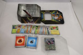 A POKEMON COLLECTOR'S TIN FULL OF CARDS TO INCLUDE HOLO EX, ETC
