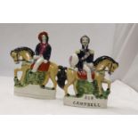 TWO STAFFORDSHIRE FLATBACK FIGURES ON HORSEBACK TO INCLUDE SIR CAMPBELL