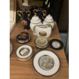 VARIOUS CERAMICS TO INCLUDE THREE PIECES OF LIMONGE IN COBALT BLUE, VASES AND A TRINKET BOX PLUS A