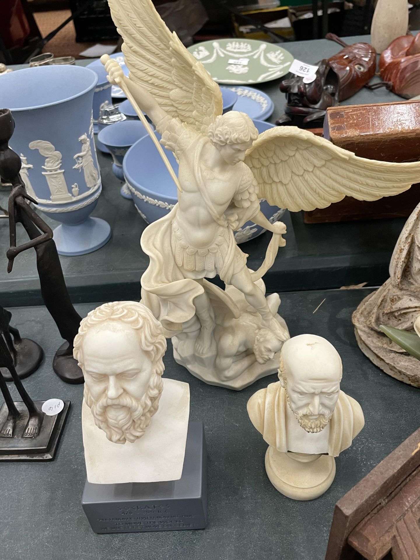 TWO BUST SCULTURES TO INCLUDE SOCRATES PLUS A A MODEL OF A MYTHOLOGICAL MAN