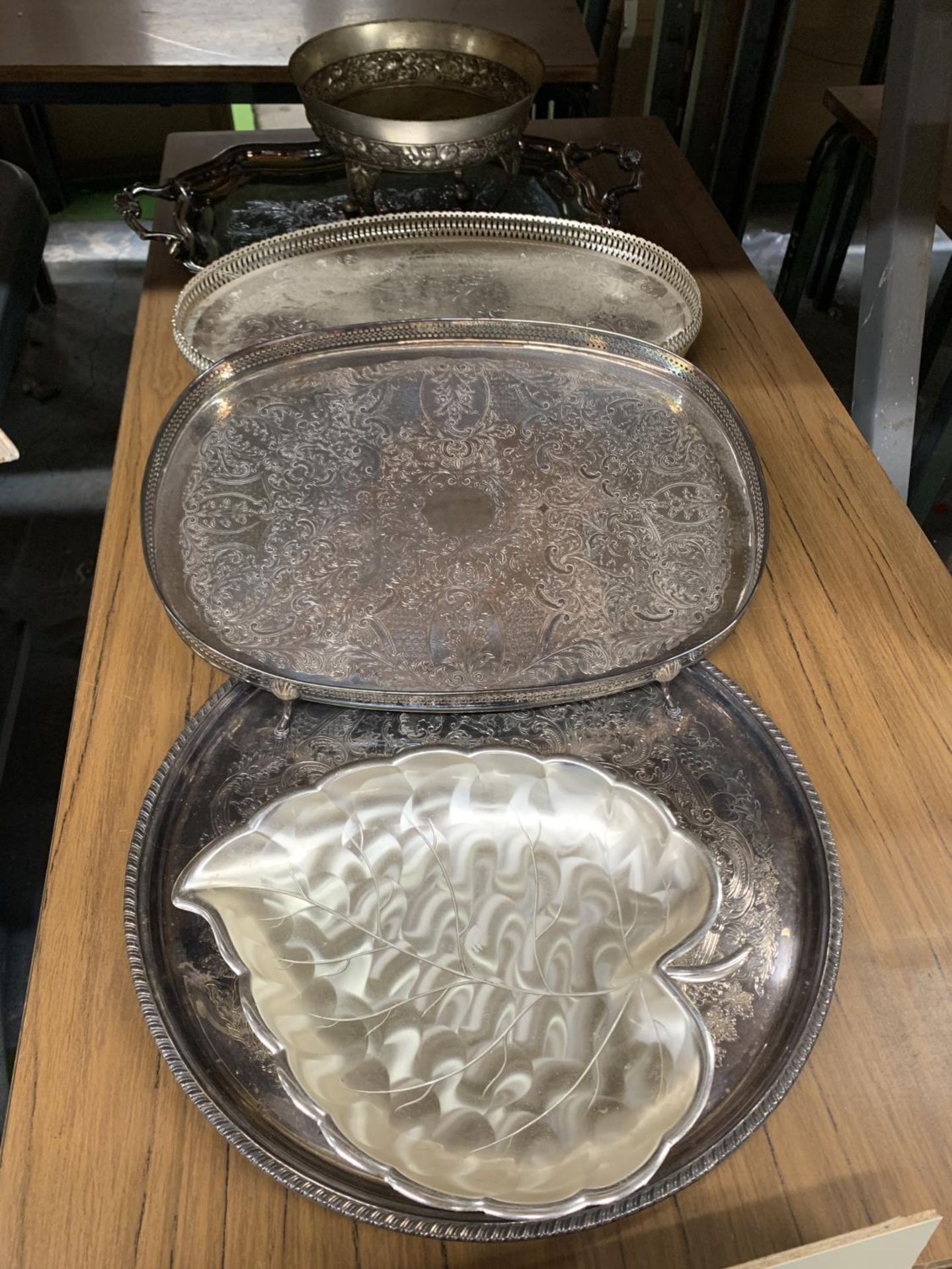 FOUR SILVER PLATED TRAYS, 2 GALLERIED PLUS TWO FOOTED BOWLS
