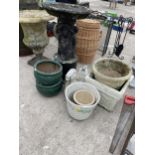 AN ASSORTMENT OF GARDEN POTS AND PLANTERS TO INCLIUDE A BIRD BATH ETC