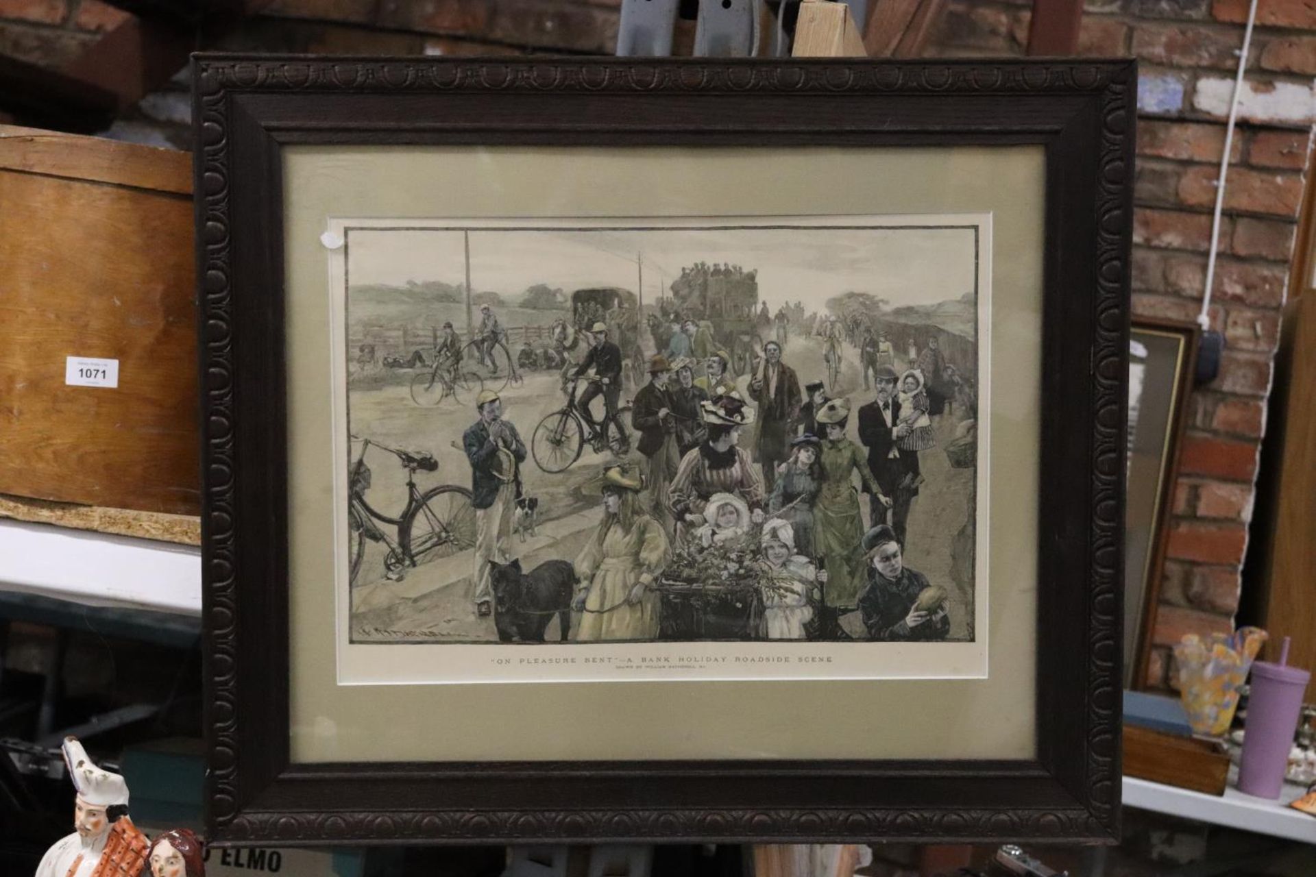 A FRAMED PRINT OF THE ENGRAVING BY WILLIAM HATHERELL 'ON PLEASURE BENT - A BANK HOLIDAY ROADSIDE