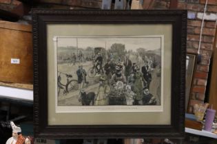 A FRAMED PRINT OF THE ENGRAVING BY WILLIAM HATHERELL 'ON PLEASURE BENT - A BANK HOLIDAY ROADSIDE