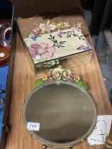 A VINTAGE TABLE TOP BARBOLA MIRROR, PAPIER MACHE LETTER HOLDER AND A MIRRORED BOX