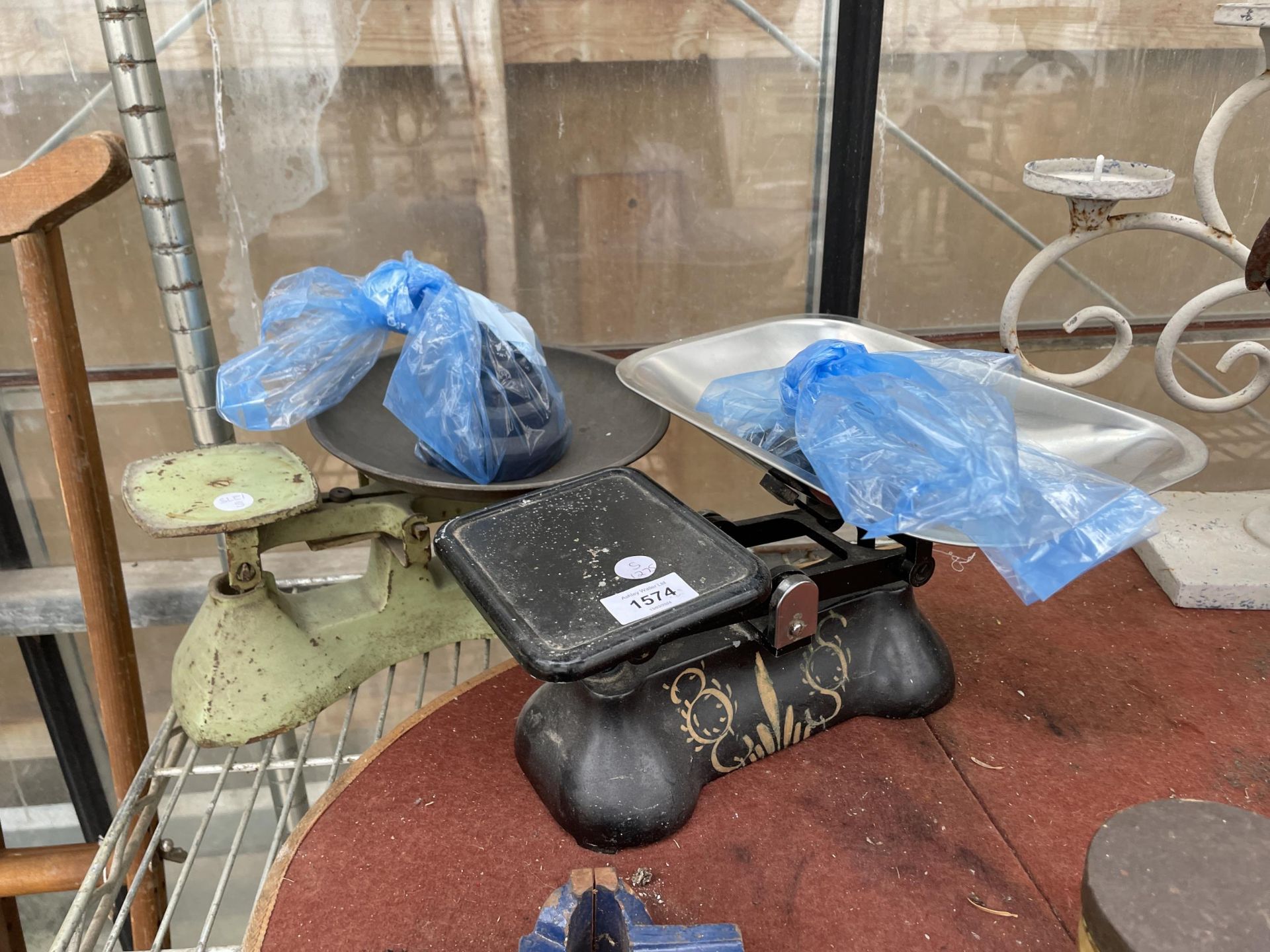 TWO SETS OF VINTAGE BALANCE SCALES WITH CAST IRON WEIGHTS