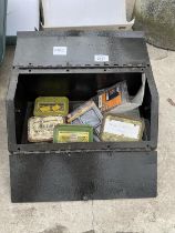 A METAL TOOL BOX WITH AN ASSORTMENT OF HARDWARE ETC
