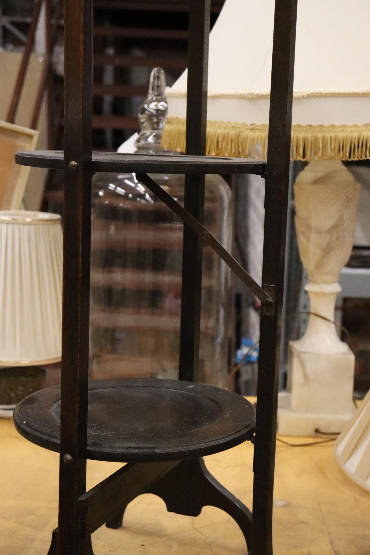 A VINTAGE THREE TIERED MAHOGANY, FOLDING CAKE STAND - Image 4 of 6