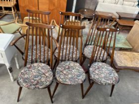 A SET OF SIX ERCOL BLUE LABEL ELM AND BEECH WINDSOR CHAIRS, ONE BEING A CARVER