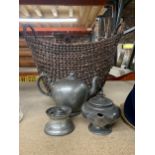 THREE PIECES OF VINTAGE PEWTER TO INCLUDE A SHIP'S INKWELL, TEAPOT WITH FLORAL FINIAL AND AN '