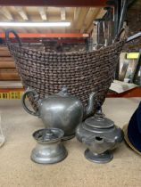 THREE PIECES OF VINTAGE PEWTER TO INCLUDE A SHIP'S INKWELL, TEAPOT WITH FLORAL FINIAL AND AN '