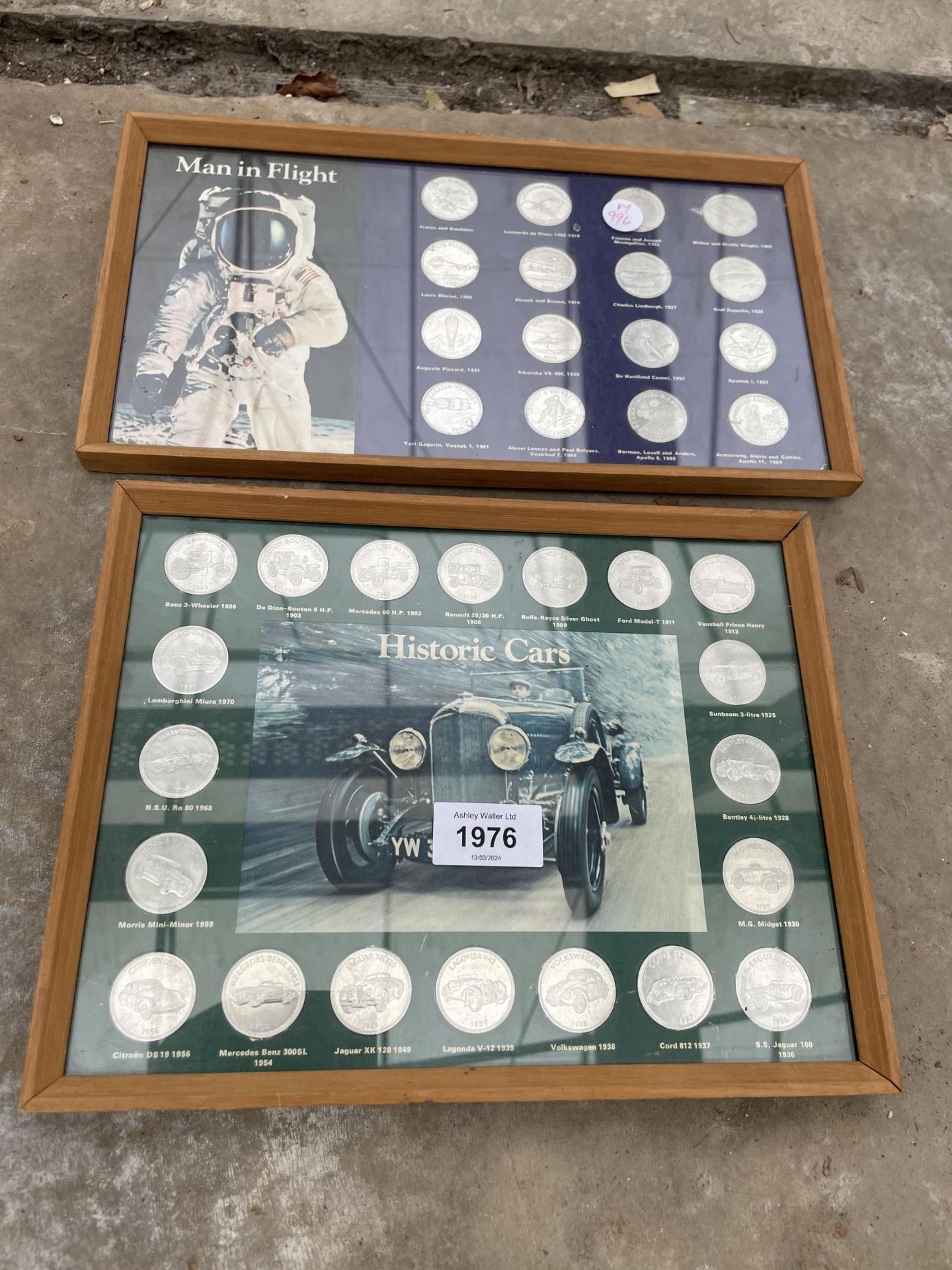 TWO FRAMED TOKEN SETS TO INCLUDE HISTORIC CARS AND MAN IN FLIGHT
