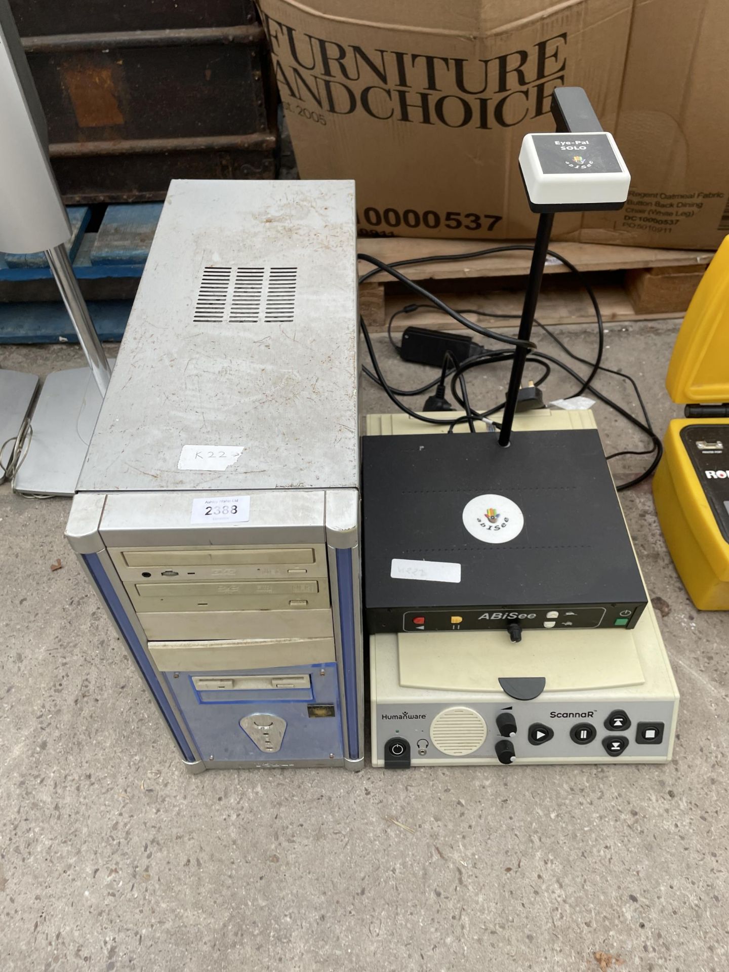 AN ASSORTMENT OF ITEMS TO INCLUDE A COMPUTER TOWER AND A HUMANWARE SCANNAR ETC