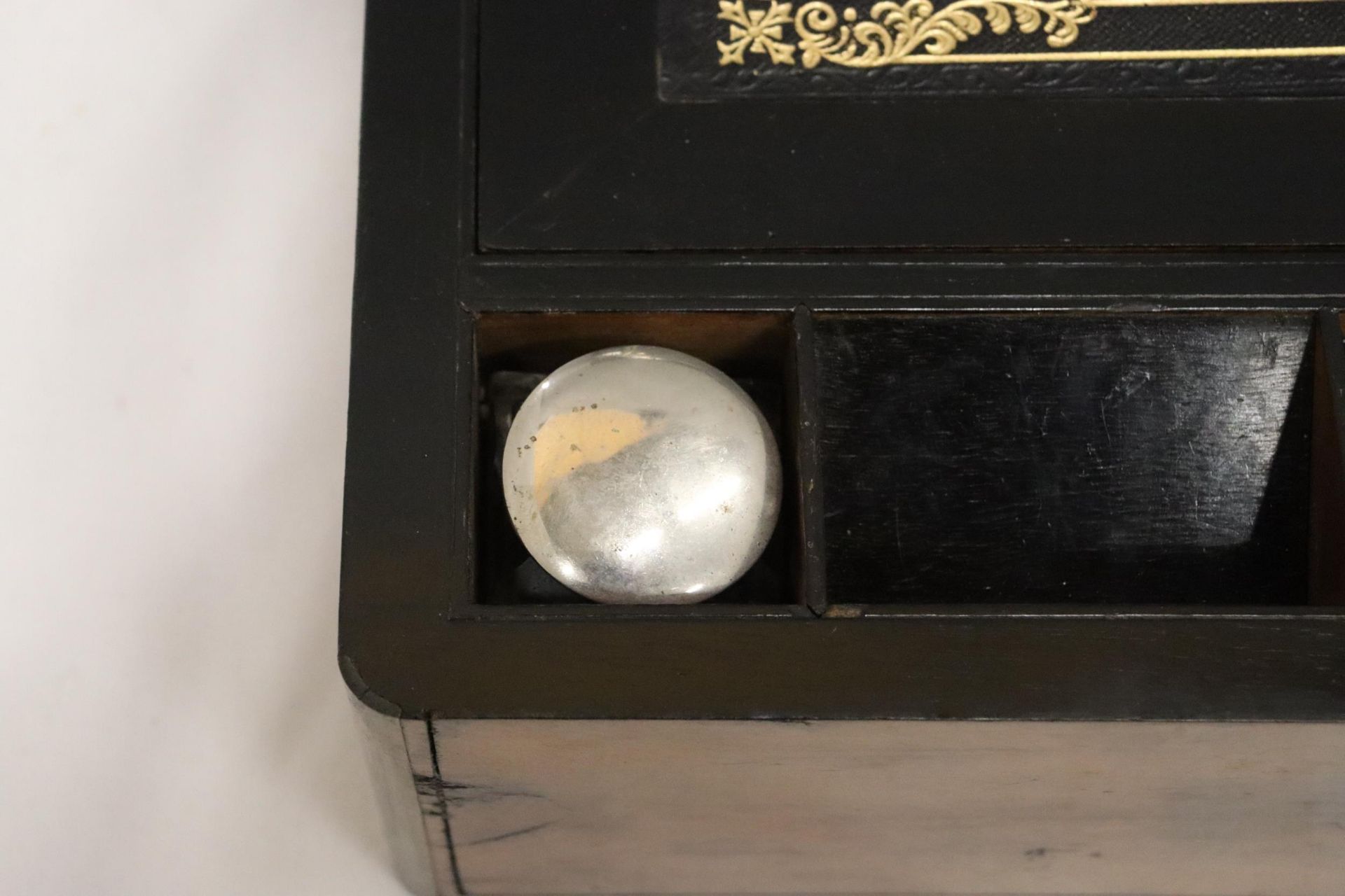 A BRASS BOUND WRITING BOX WITH SECRET DRAWERS, LEATHER TOOLED SLOPE WITH ONE INKWELL - Image 3 of 8