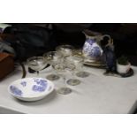 A MIXED LOT TO INCLUDE SIX BABYCHAM GLASSES, RESIN DRAGON, ROYAL DOULTON PLATE, ETC.,