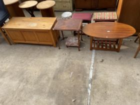 A RETRO TEAK TWO TIER COFFEE TABLE 37" x 21", SMALL STOOL, A YEW WOOD TABLE AND A PINE CHEST