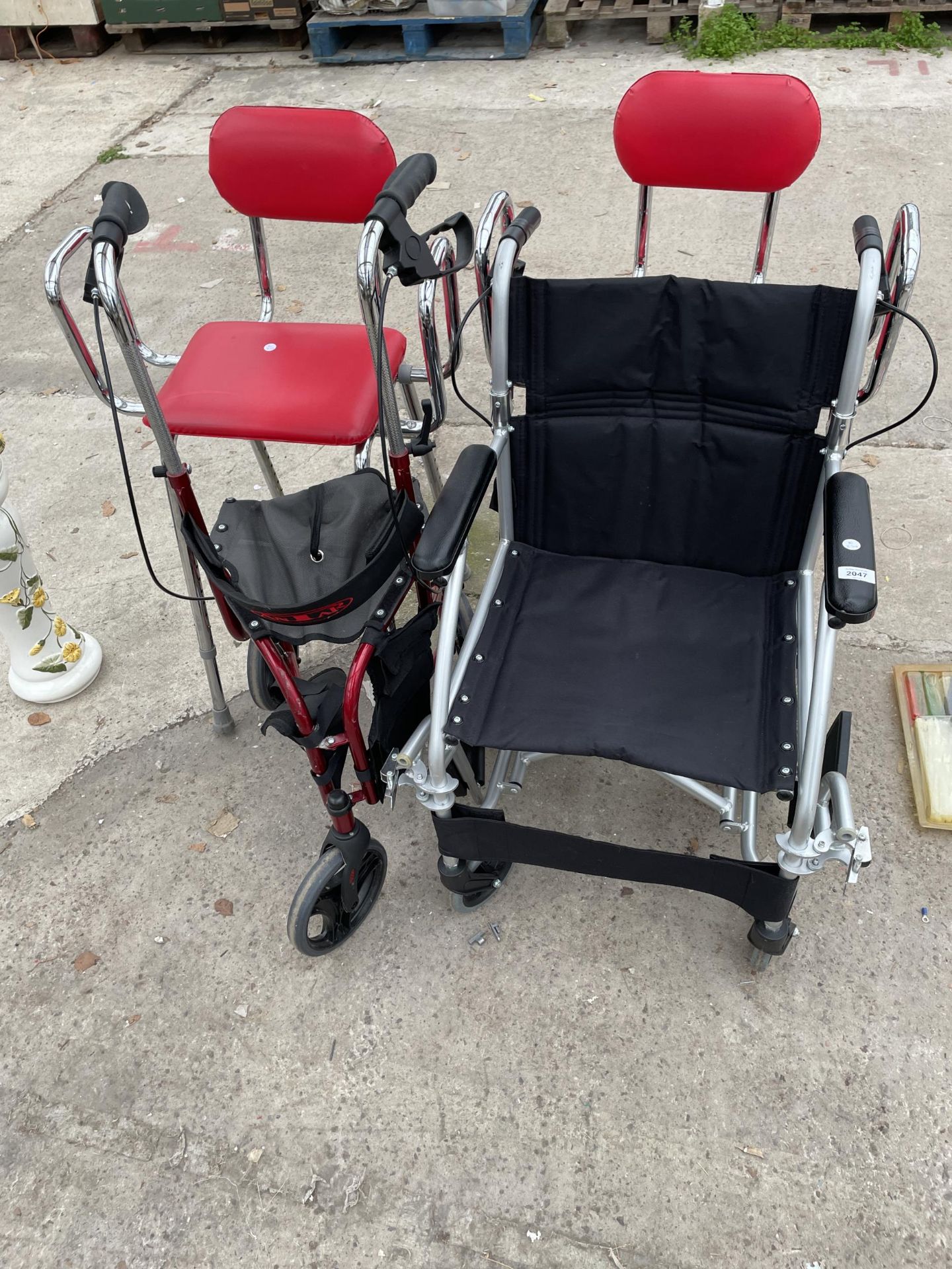 TWO STOOLS, A WHEEL CHAIR AND A WALKING AID ETC