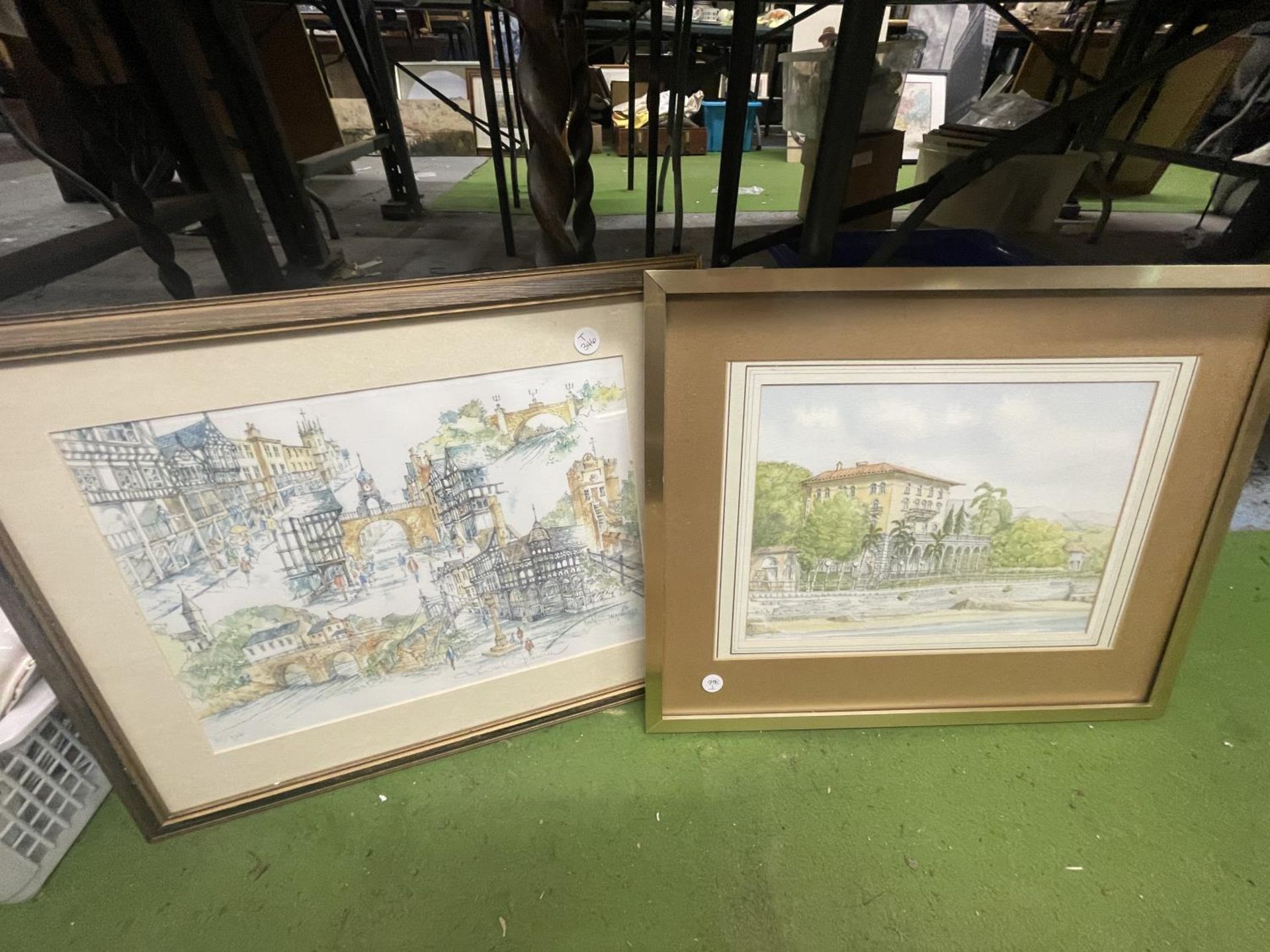 A FRAMED DUO OF PEN AND INK VINTAGE SCENES, SIGNED, A WATERCOLOUR, AND A LIMITED EDITION 15/850 - Image 2 of 2