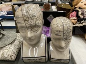 TWO CERAMIC PHRENOLOGY HEADS, HEIGHTS 29CM AND 23CM