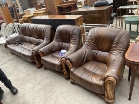 A MODERN RECOR PART LEATHER BROWN THREE PIECE SUITE