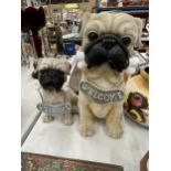 A MUMMY PUG AND PUPPY, 'WELCOME HOME' FIGURES, HEIGHTS 29CM AND 20CM