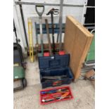 AN ASSORTMENT OF TOOLS TO INCLUDE A SPADE, A WORK MATE BENCH AND A PASTING TABLE ETC