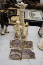 TWO CLASSICAL FIGURES, ONYX EGGS AND COASTERS