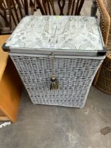A PAINTED WICKER LINEN BASKET WITH GLASS TOP BEARING 'SCHOOL FOR THE BLIND LIVERPOOL' LABEL